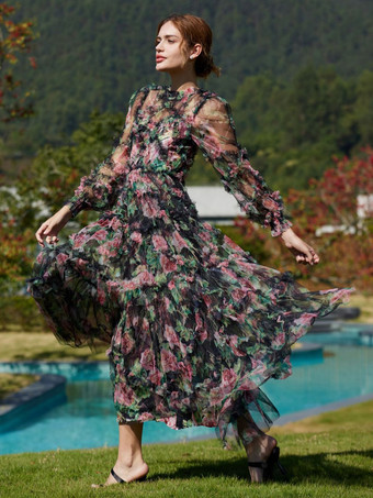 花柄ドレス イリュージョンネックとスリーブ ハイカラー タード パーティー マキシドレス