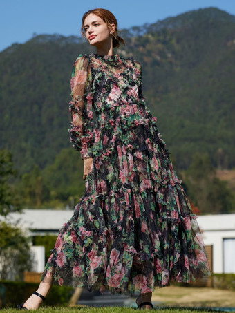 花柄ドレス イリュージョンネックとスリーブ ハイカラー タード パーティー マキシドレス