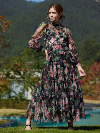 花柄ドレス イリュージョンネックとスリーブ ハイカラー タード パーティー マキシドレス