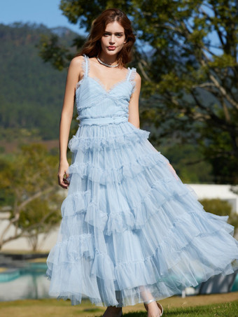 Light Sky Blue Dresses V-Neck Ruffles Sleeveless Layered Party Prom Maxi Dress