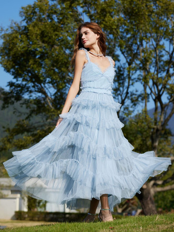 ライトスカイブルー ドレス V ネック フリル ノースリーブ レイヤード パーティー プロム マキシ ドレス