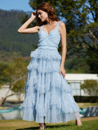 ライトスカイブルー ドレス V ネック フリル ノースリーブ レイヤード パーティー プロム マキシ ドレス