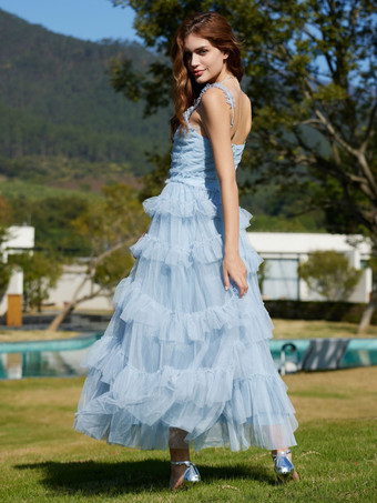 ライトスカイブルー ドレス V ネック フリル ノースリーブ レイヤード パーティー プロム マキシ ドレス