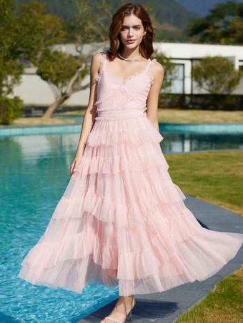 ピンクライトスカイブルー ドレス V ネック フリル ノースリーブ レイヤード パーティー プロム マキシ ドレス