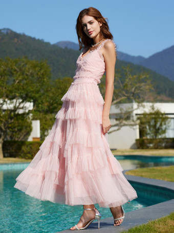 ライトスカイブルー ドレス V ネック フリル ノースリーブ レイヤード パーティー プロム マキシ ドレス