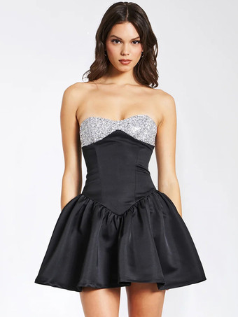 Little Black Dress Strapless Sequins Sleeveless Ruffles Short Party Dresses