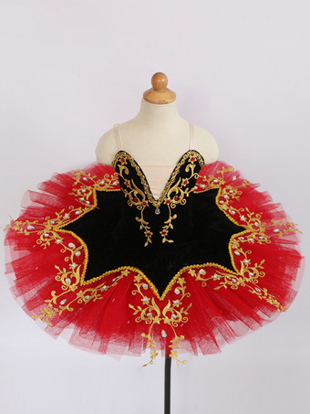 レッド 女の子用バレエレオタード ダンスチュチュドレス 白鳥の湖ダンスキャミソールコスチューム 競技用ラインストーン アップリケ レース ポリエステル パフォーマンスコスチューム