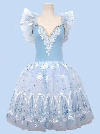 バレエドレス ライトスカイブルー 女性用 子供用 バレリーナ スパンコール レース 花柄 ポリエステル ドレスセット ダンスウェア