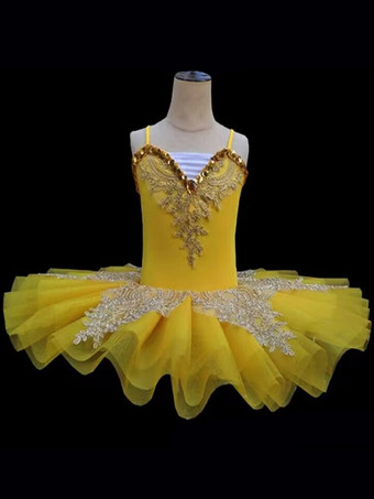 イエローバレエ ダンス衣装 ブルー 女の子 子供 バレリーナ ラインストーン レース レース ポリエステル ドレス セット パフォーマンスウェア