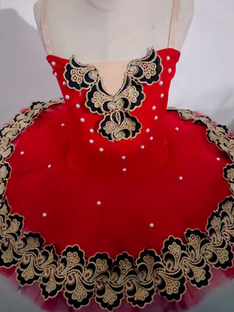 バレエ ダンス衣装 レッド 女の子 子供 バレリーナ パール レース ポリエステル ドレス セット ダンスウェア