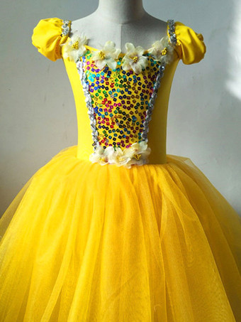 バレエ ドレス イエロー レディース 子供用 バレリーナ スパンコール フラワー ポリエステル ドレス セット パフォーマンスウェア