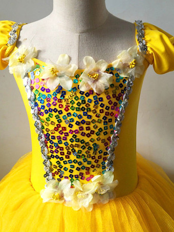 バレエ ドレス イエロー レディース 子供用 バレリーナ スパンコール フラワー ポリエステル ドレス セット パフォーマンスウェア