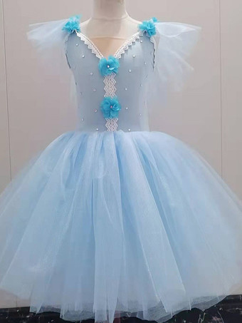 ライトスカイブルーバレエドレス ピンク 女の子 子供 バレリーナ ラインストーン レース レース ポリエステル ドレス セット パフォーマンスウェア