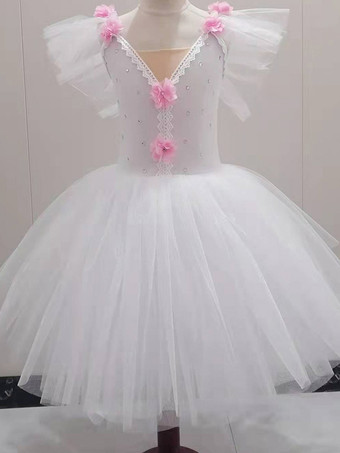ホワイト バレエドレス ピンク 女の子 子供 バレリーナ ラインストーン レース レース ポリエステル ドレス セット パフォーマンスウェア