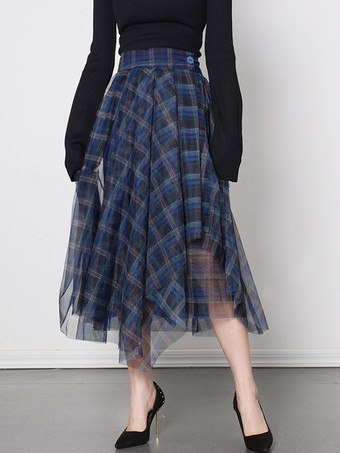Blue Scotland Plaid Overskirt High Waist Handkerchief Tulle Daily Casual Skirts