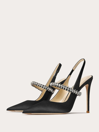 Satin Prom Shoes Black Rhinestones Pointed Toe Stiletto Heel Slingback Pumps