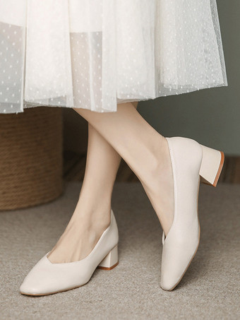 アイボリー ウェディングシューズ ブライダル パンプス PU レザー スクエアトゥ