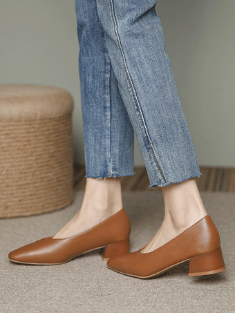 ブラウン ウェディングシューズ ブライダル パンプス PU レザー スクエアトゥ