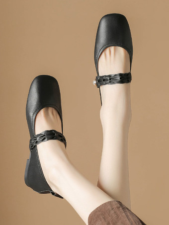 ブラック ウェディングシューズブライズメイドシューズPUレザースクエアトゥビーズ