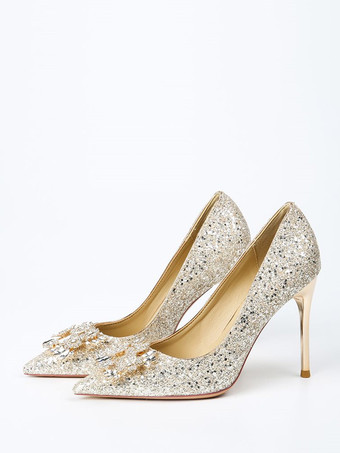ライトゴールハイヒール パーティーシューズ グリッター ポインテッドトゥ ラインストーン プロムシューズ