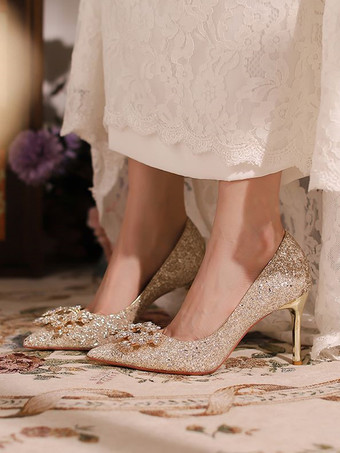 ハイヒール パーティーシューズ グリッター ポインテッドトゥ ラインストーン プロムシューズ