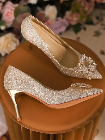 ハイヒール パーティーシューズ グリッター ポインテッドトゥ ラインストーン プロムシューズ