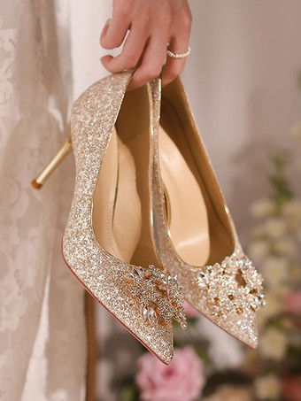 ハイヒール パーティーシューズ グリッター ポインテッドトゥ ラインストーン プロムシューズ
