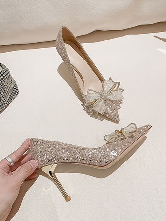 ゴールド ハイヒール ポインテッド トゥ スパンコール リボン ディテール プロム シューズ