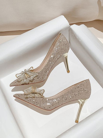 ゴールド ハイヒール ポインテッド トゥ スパンコール リボン ディテール プロム シューズ