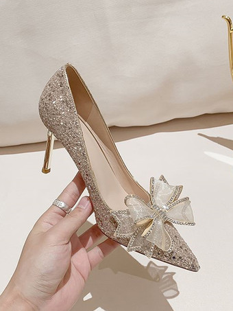 ゴールド ハイヒール ポインテッド トゥ スパンコール リボン ディテール プロム シューズ