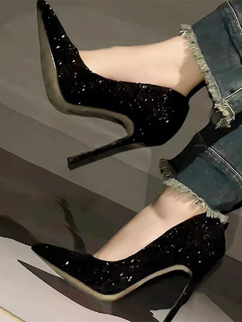 ハイヒール パーティー シューズ ブラック ポインテッドトゥ スパンコール プロム シューズ