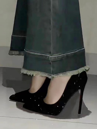 ハイヒール パーティー シューズ ブラック ポインテッドトゥ スパンコール プロム シューズ