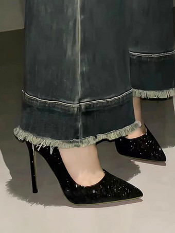 ハイヒール パーティー シューズ ブラック ポインテッドトゥ スパンコール プロム シューズ