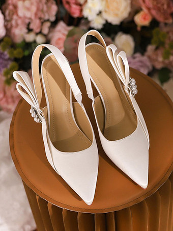 ホワイトブライダルシューズサテンポインテッドトゥリボンパールディテールウェディングシューズ