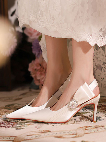 ホワイトブライダルシューズサテンポインテッドトゥリボンパールディテールウェディングシューズ