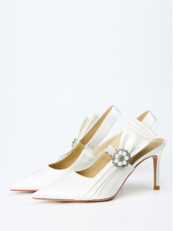 White Bridal Shoes Satin Pointed Toe Bow Pearls Detail Wedding Shoes