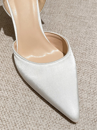 白いウェディングシューズ ポインテッドトゥ リボンディテール ハイヒール パンプス
