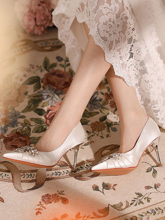 サテンのウェディングシューズ ポインテッドトゥ ラインストーン ハイヒール ブライダルシューズ