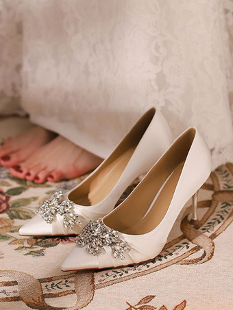 サテンのウェディングシューズ ポインテッドトゥ ラインストーン ハイヒール ブライダルシューズ