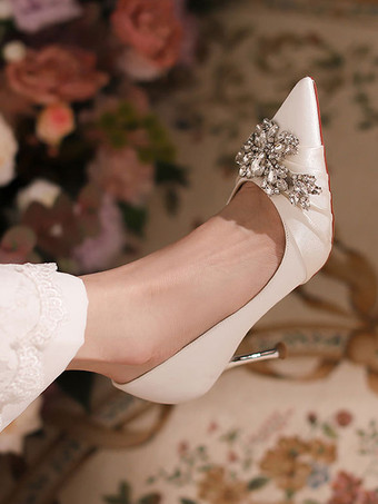 サテンのウェディングシューズ ポインテッドトゥ ラインストーン ハイヒール ブライダルシューズ