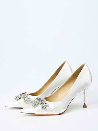 ホワイト サテンのウェディングシューズ ポインテッドトゥ ラインストーン ハイヒール ブライダルシューズ
