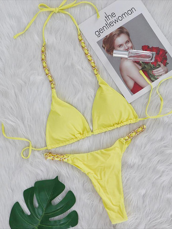イエロー女性ビキニ水着赤いチェーン背中の開いた夏のセクシーな水着