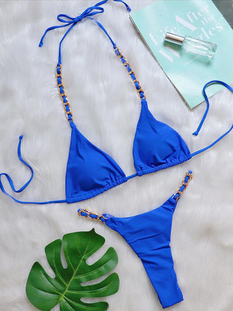 ブルー 女性ビキニ水着赤いチェーン背中の開いた夏のセクシーな水着