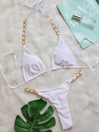 ホワイト 女性ビキニ水着赤いチェーン背中の開いた夏のセクシーな水着