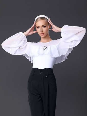 ホワイト ラテンダンスコスチューム 黒人女性用ポリエステル服 セクシーなフリル ラテンダンサー ダンスコスチューム パンツなし