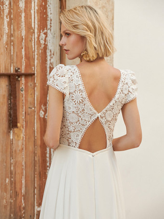 ボヘミアン ウェディングドレス シフォン レース Aライン スウィープ ナチュラル ウエスト バックレス ノースリーブ Vネック アイボリー