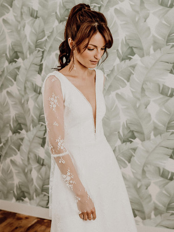 ショートウェディングドレス ショートVネック 長袖 Aライン ナチュラルウエスト レース ブライダルドレス