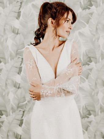 ショートウェディングドレス ショートVネック 長袖 Aライン ナチュラルウエスト レース ブライダルドレス