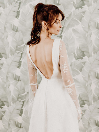 ショートウェディングドレス ショートVネック 長袖 Aライン ナチュラルウエスト レース ブライダルドレス