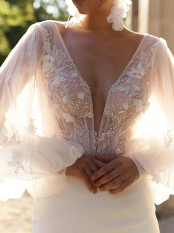 ショートウェディングドレス ショート Vネック 長袖 シース ナチュラルウエスト ストレッチ クレープ ショートブライダルドレス